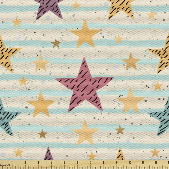 Stars Fabric by the Yard, Hand Drawn Stars with Dotted Pastel Stripes Background Doodle Style Bohemian Design, Upholstery Fabric for Dining Chairs Home Decor Accents, 3 Yards, Multicolor by Ambesonne
