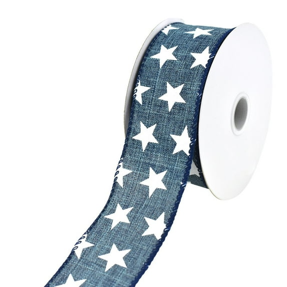 Stars Faux Linen Wired Ribbon, 1-1/2-Inch, 10-Yard, Denim Blue