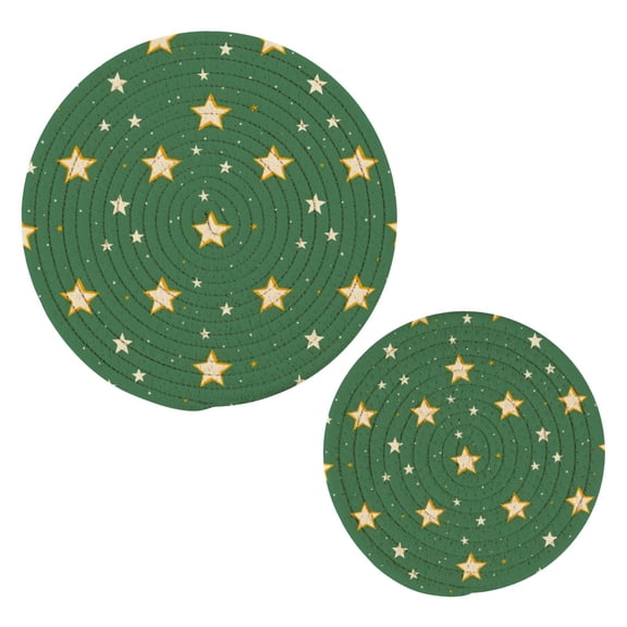 Stars Green Tile Pattern Cotton Trivets Potholders Set of 2 Handmade Heat Resistant Non Slip Absorbent