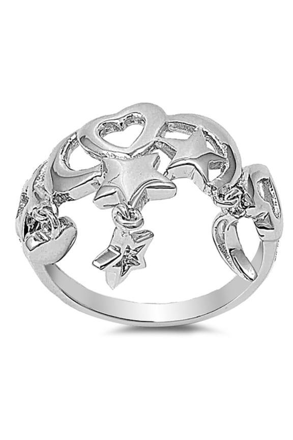 Stars, Hearts and Moons Dangling Ring Sterling Silver Size 3