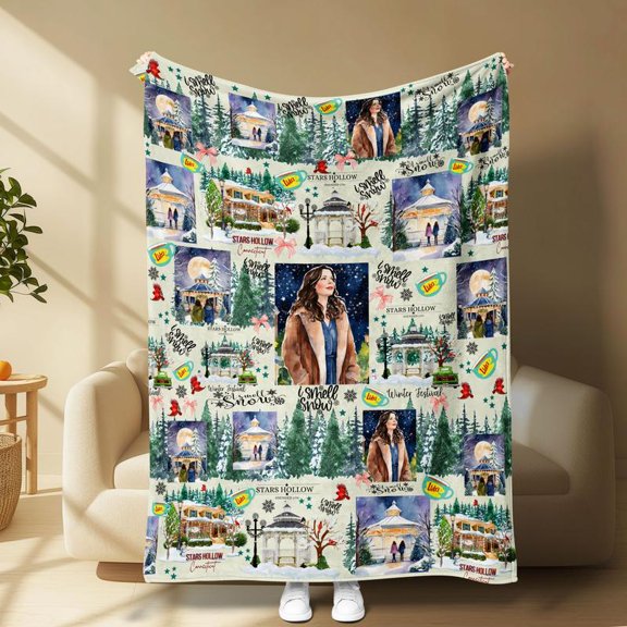 Stars Hollow Winter Town Flannel Blanket, Cozy Snow Scenery & Coffeehouse Vibe, Soft Warm Lightweight Ideal Sofa Bed Travel Gift
