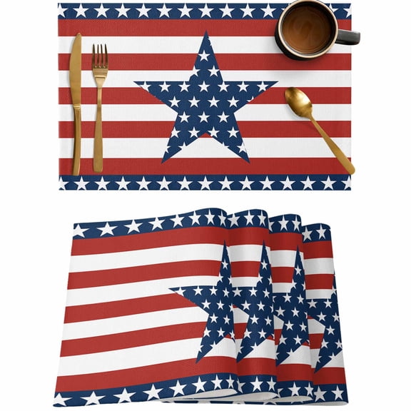 Stars Independence Day Thin Blue Line Placemats Set of 4,Wipeable Washable Table Mats for Dining Tables,Patriotic Red White Stripes July 4th Place Mats for Kitchen Event Party Tabletop Decor