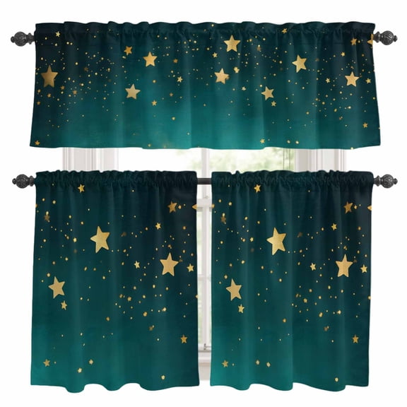 Stars Kitchen Curtains Valances and Tiers Set of 3 Dream Yellow Star Green Gradient Starry Sky Farmhouse Tier Curtains and Valance with Rod Pocket for Small Windows, 27.5"x24"
