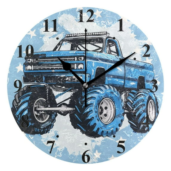 Stars Monster Truck Black 10 inch Wall Clocks Non Ticking Easy to Read Battery Decorative for Home Bathroom Kitchen Bedroom Living Room