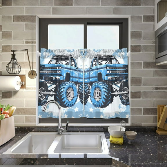 Stars Monster Truck Kitchen Curtains Half Tier Curtain 2 Rod Pockets Bathroom Bedroom Cupborad Living Room 27"x24"