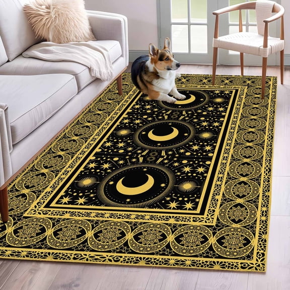 Stars Moon Area Rugs 4x6 ft Mystical Gorgeous Gold Black Moon Star Washable Rug Non Slip Indoor Carpet Absorbent Floor Mat for Living Room Bedroom Dining Room