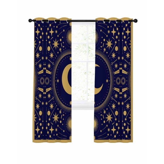 Stars Moon Blackout Curtains 63 Inch Length Vintage Gorgeous Gold Dark Blue Dots Star Moon Thermal Insulated Window Curtain Window Drapes 2 Panels for Bedroom Living Room 42"Wx63"L