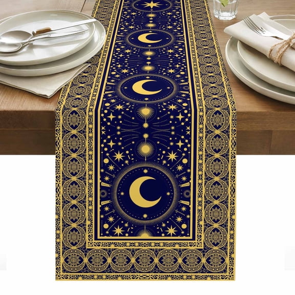 Stars Moon Cotton Linen Table Runner Mystical Gorgeous Gold Dark Blue Moon Star Dining Table Runners for Home Decor Party Dining Room Restaurant Kitchen Party 13" x 48"