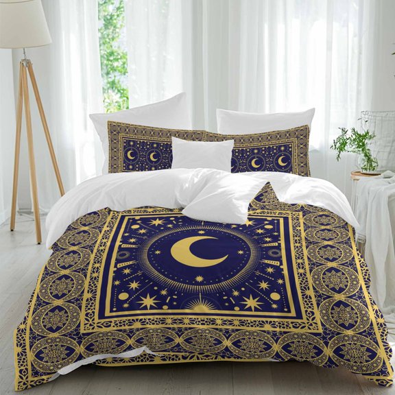 Stars Moon Duvet Cover Set Full Size, Mystical Gorgeous Gold Dark Blue Moon Star 4 Piece Soft Microfiber Bedding Set with Zipper Closure, 1 Comforter Cover, 1 Flat Sheet, 2 Pillowcases