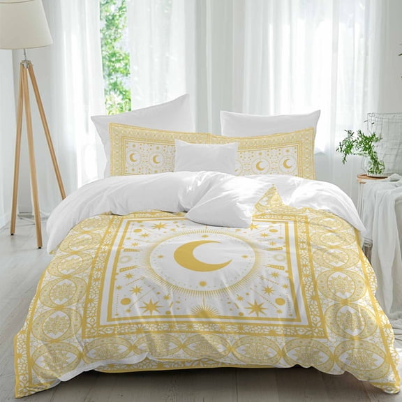 Stars Moon Duvet Cover Set Full Size, Mystical Gorgeous Gold White Moon Star 4 Piece Soft Microfiber Bedding Set with Zipper Closure, 1 Comforter Cover, 1 Flat Sheet, 2 Pillowcases