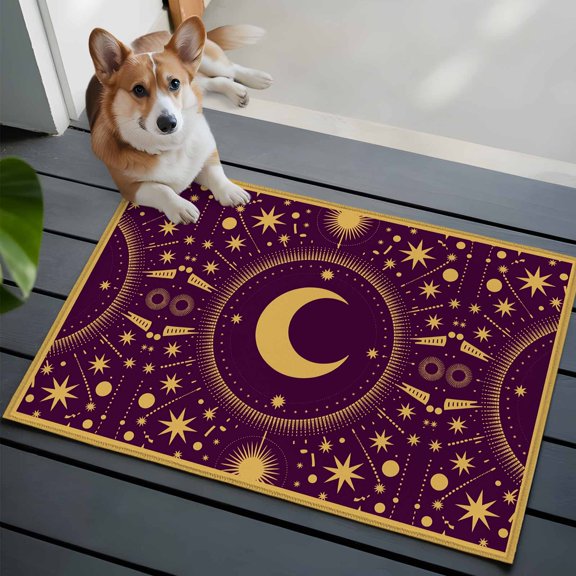 Stars Moon Front Door Rugs 2x3 ft Vintage Gorgeous Gold Dark Purple Dots Star Moon Small Rug for Entryway Non Slip Washable Bathroom Door Mat Absorbent Floor Mat for Indoor Entrance