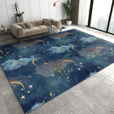 Stars Moon Kids Rug, Dark Blue Area Rug, Cloud Rugs For Children's Room, Cartoon Theme Indoor Area Rug, Non-Slip Washable Large Rugs For Classroom 5x7ft