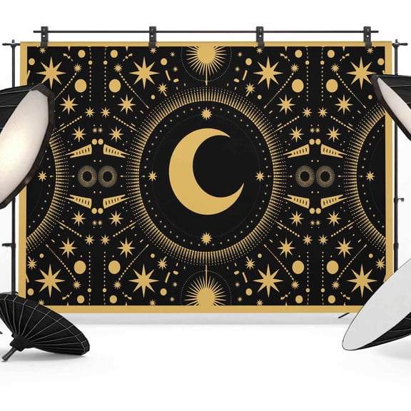 Stars Moon Photography Backdrop 10x8FT, Vintage Gorgeous Gold Black Dots Star Moon Photo Backdrops, Background for Photography Studio Photo Studio Background, Back Drop for Photoshoot