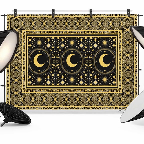 Stars Moon Photography Backdrop 7x5FT, Mystical Gorgeous Gold Black Moon Star Photo Backdrops, Background for Photography Studio Photo Studio Background, Back Drop for Photoshoot