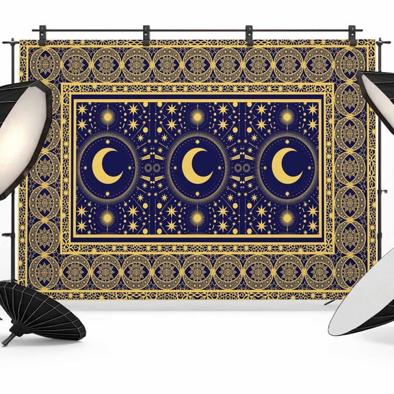Stars Moon Photography Backdrop 7x5FT, Mystical Gorgeous Gold Dark Blue Moon Star Photo Backdrops, Background for Photography Studio Photo Studio Background, Back Drop for Photoshoot