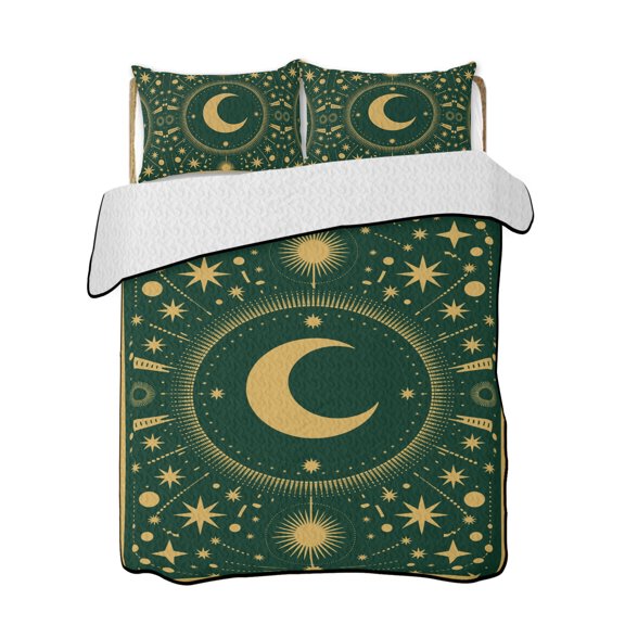 Stars Moon Quilts Bedding Set California King Vintage Gorgeous Gold Dark Green Dots Star Moon Lightweight Quilted Bedspread 3 Piece Bed Quilt with 2 Pillow Shams All Season for Bedroom 96" x 106"