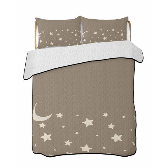 Stars Moon Quilts Bedding Set King Size Starry Night Khaki Brown Background Simple Lightweight Quilted Bedspread 3 Piece Bed Quilt with 2 Pillow Shams All Season for Bedroom 90" x 96"