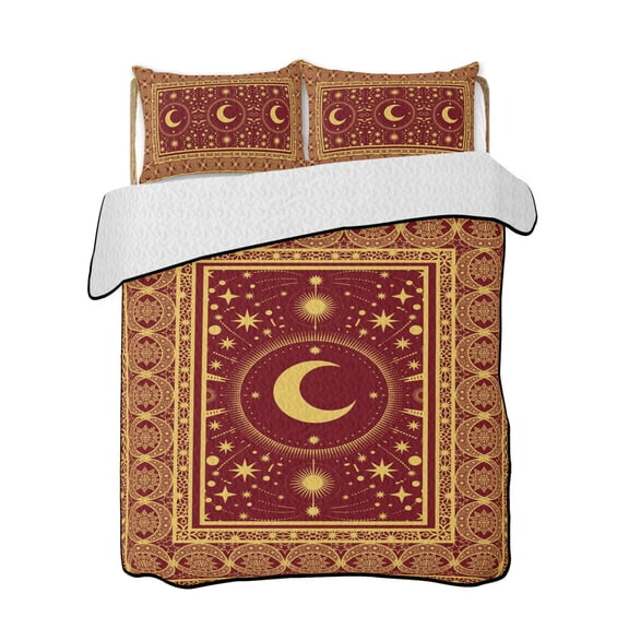 Stars Moon Quilts Bedding Set Queen Size Mystical Gorgeous Gold Dark Red Moon Star Lightweight Quilted Bedspread 3 Piece Bed Quilt with 2 Pillow Shams All Season for Bedroom 78" x 90"