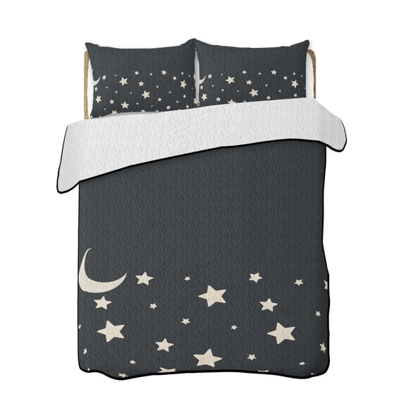 Stars Moon Quilts Bedding Set Queen Size Starry Night Black Background Simple Lightweight Quilted Bedspread 3 Piece Bed Quilt with 2 Pillow Shams All Season for Bedroom 78" x 90"