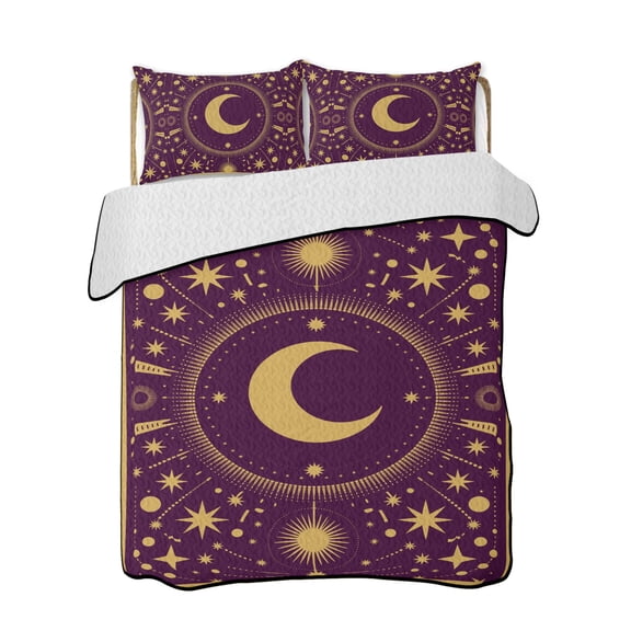 Stars Moon Quilts Bedding Set Queen Size Vintage Gorgeous Gold Dark Purple Dots Star Moon Lightweight Quilted Bedspread 3 Piece Bed Quilt with 2 Pillow Shams All Season for Bedroom 78" x 90"