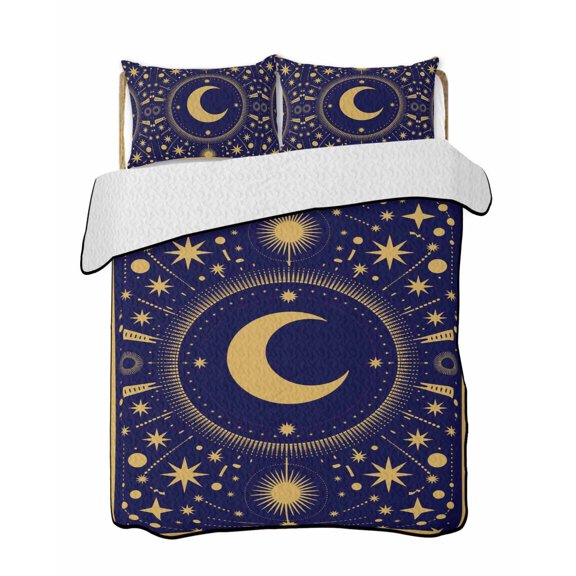 Stars Moon Quilts Bedding Set Twin Size Vintage Gorgeous Gold Dark Blue Dots Star Moon Lightweight Quilted Bedspread 3 Piece Bed Quilt with 2 Pillow Shams All Season for Bedroom 68" x 86"