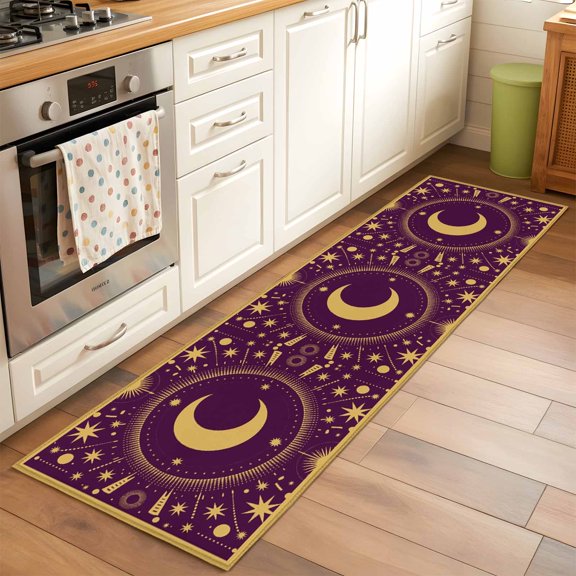 Stars Moon Runner Rugs 2x6 ft Vintage Gorgeous Gold Dark Purple Dots Star Moon Washable Hallway Rugs Non-Slip Floor Mats Absorbent Carpet Bedside Runners for Bedroom Kitchen Bathroom Laundry Room