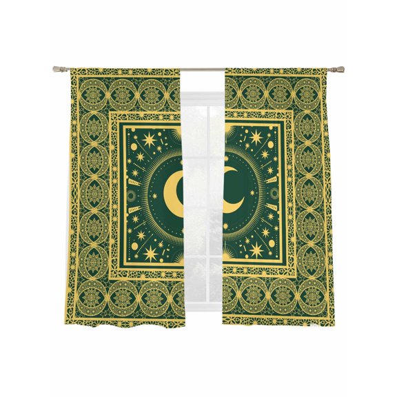 Stars Moon Sheer Curtains 2 Panels Set Mystical Gorgeous Gold Dark Green Moon Star Sheer Window Curtains Light Filtering Rod Pocket Voile Drapes for Bedroom Living Room 52"X72"
