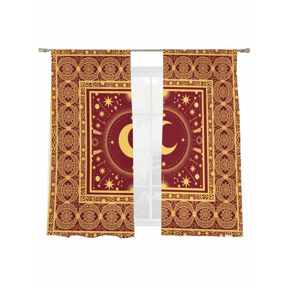 Stars Moon Sheer Curtains 2 Panels Set Mystical Gorgeous Gold Dark Red Moon Star Sheer Window Curtains Light Filtering Rod Pocket Voile Drapes for Bedroom Living Room 52"x63"