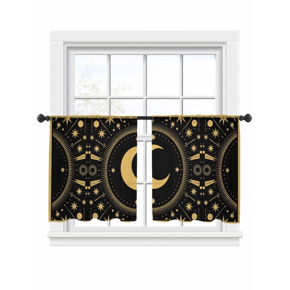 Stars Moon Sheer Curtains 2 Panels Set Vintage Gorgeous Gold Black Dots Star Moon Sheer Window Curtains Light Filtering Rod Pocket Voile Drapes for Bedroom Living Room 52"x45"