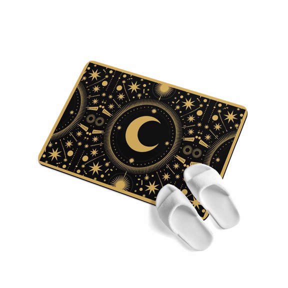 Stars Moon Soft Diatomaceous Earth Mat, Vintage Gorgeous Gold Black Dots Star Moon Absorbent Bath Mat Non Slip Rubber Backed Quick Dry Doormat Fit Under Door for Bathroom Kitchen 24"x36"