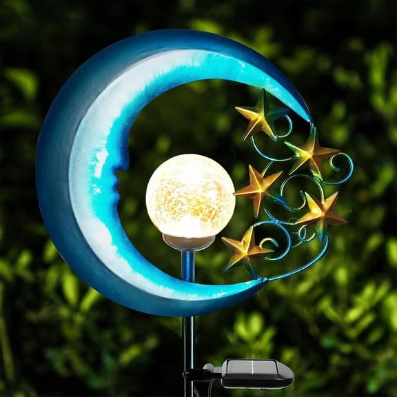 Stars Moon Solar Lights Outdoor - Solar Garden Lights Decorative Crackle Glass Globe Led Landscape Lighting for Pathway,Yard,Lawn,Patio