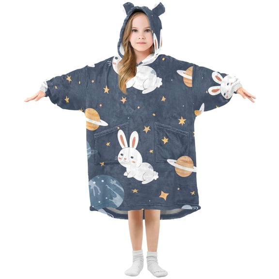 Stars Planets Rabbits Flannel Wearable Blankets Hooded Design Long Sleeves Wrap Unisex for 3T-14Y S