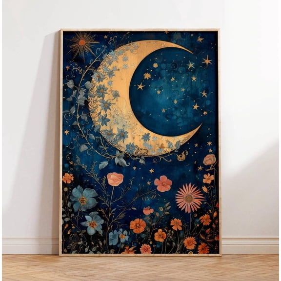 Stars Print, Moon And Stars Print, Moon Print Wall Art, Celestial Wall Decor, Moon And Flowers Art, Floral Moon Wall Art, Moon Lovers Gift Poster Unframed