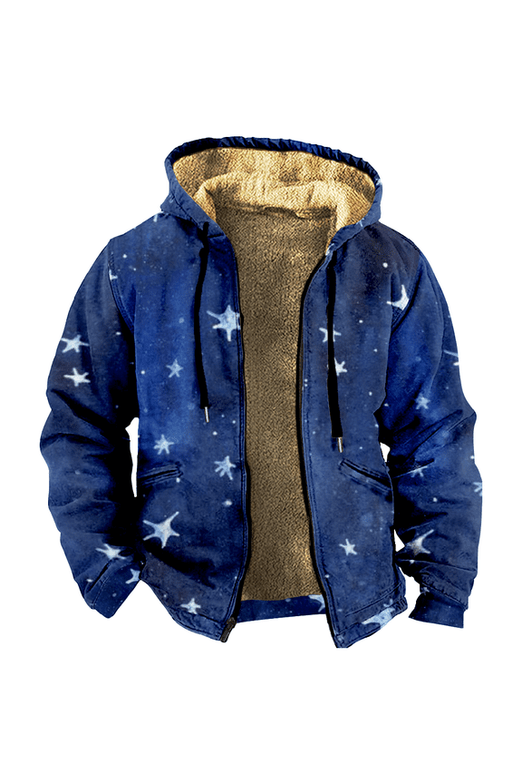 Stars Printed Zipper Hoodie Men's Long Sleeve Jacket Fashion Streetwear Thickened Winter Coat