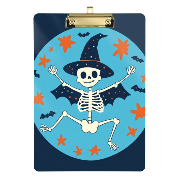 Stars Skeleton Wear Hats Wings Bats Halloween Acrylic Clipboard Drawing Board with Hook Writing Pad File Storage A4 Size Gold 12.5" x 9"