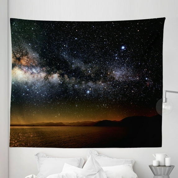 Stars Sky Tapestry, Horizon Twilight Night Milky Way Scenery Landscape Galaxy Mountains, Fabric Wall Hanging Decor for Bedroom Living Room Dorm, 5 Sizes, Dark Grey and Caramel, by Ambesonne