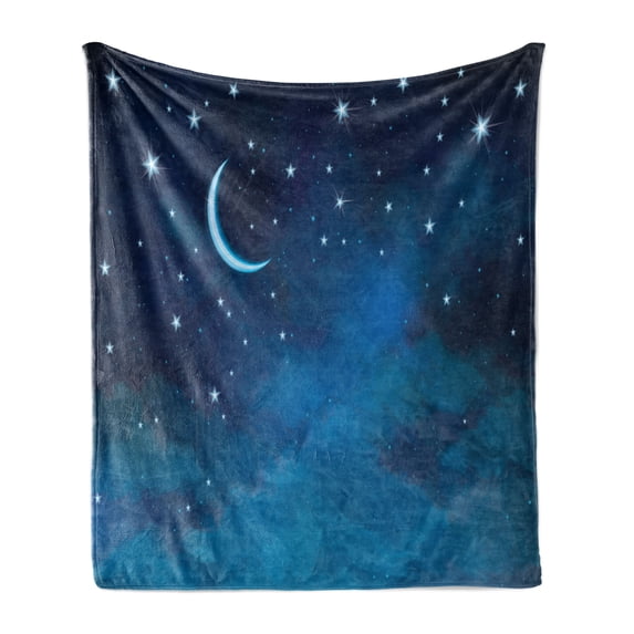 Stars Soft Flannel Fleece Blanket, Night Skyline Illustration with Watercolor Effect Crescent Moon and Clouds, Cozy Plush for Indoor and Outdoor Use, 50" x 60", Pale Blue Night Blue, by Ambesonne