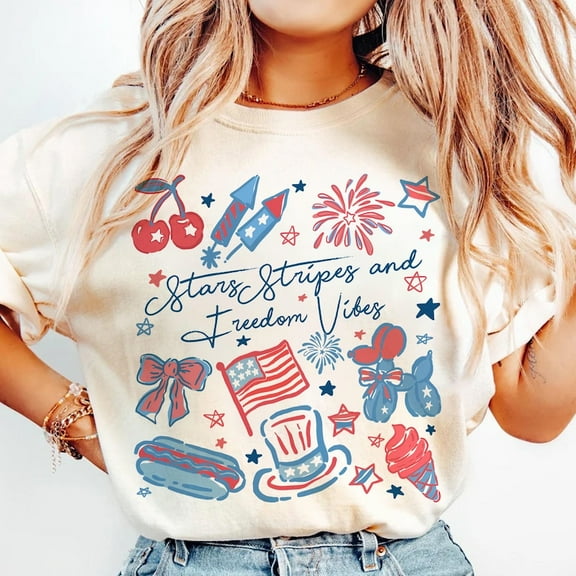 Stars Stipes and Freedom Vibes Shirt, 4th Of July Shirt, Girly American Shirt, USA Shirt, America Coquette Shirt, Cute Doodles Patriotic Shirt