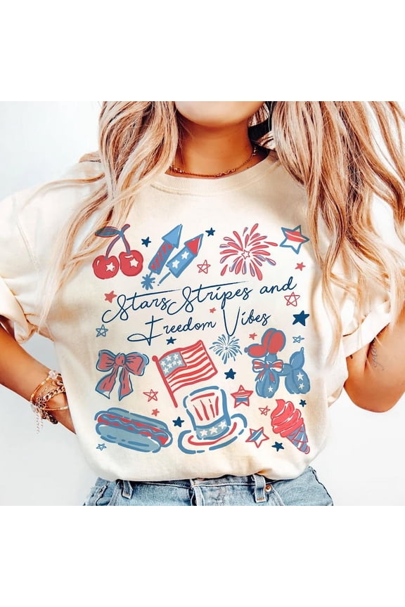 Stars Stipes and Freedom Vibes Shirt, 4th Of July Shirt, Girly American Shirt, USA Shirt, America Coquette Shirt, Cute Doodles Patriotic Shirt