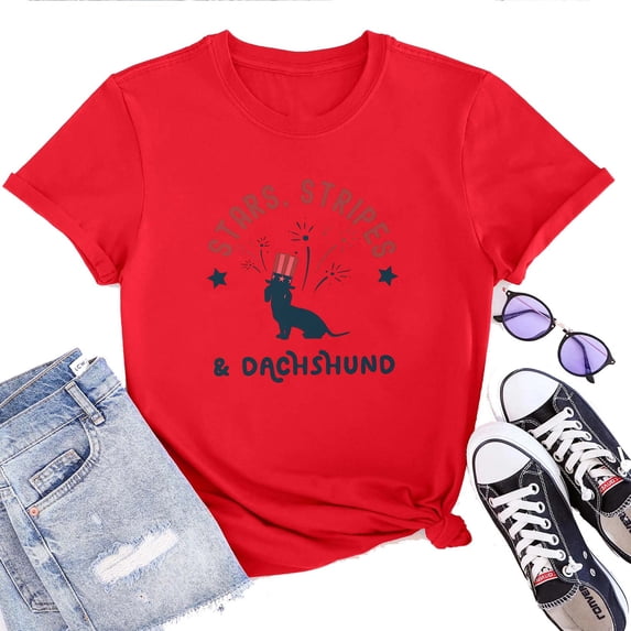 Stars Stripes & Dachshund T-Shirt for Women – Patriotic 4th of July USA Flag Wiener Dog Graphic Tee