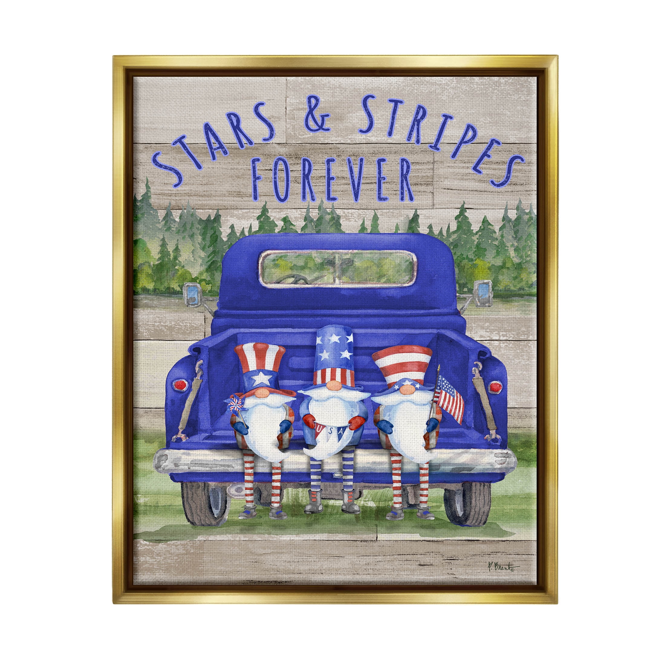 Stars & Stripes Forever Americana Gnomes Holiday Graphic Art Metallic Gold Framed Art Print Wall Art