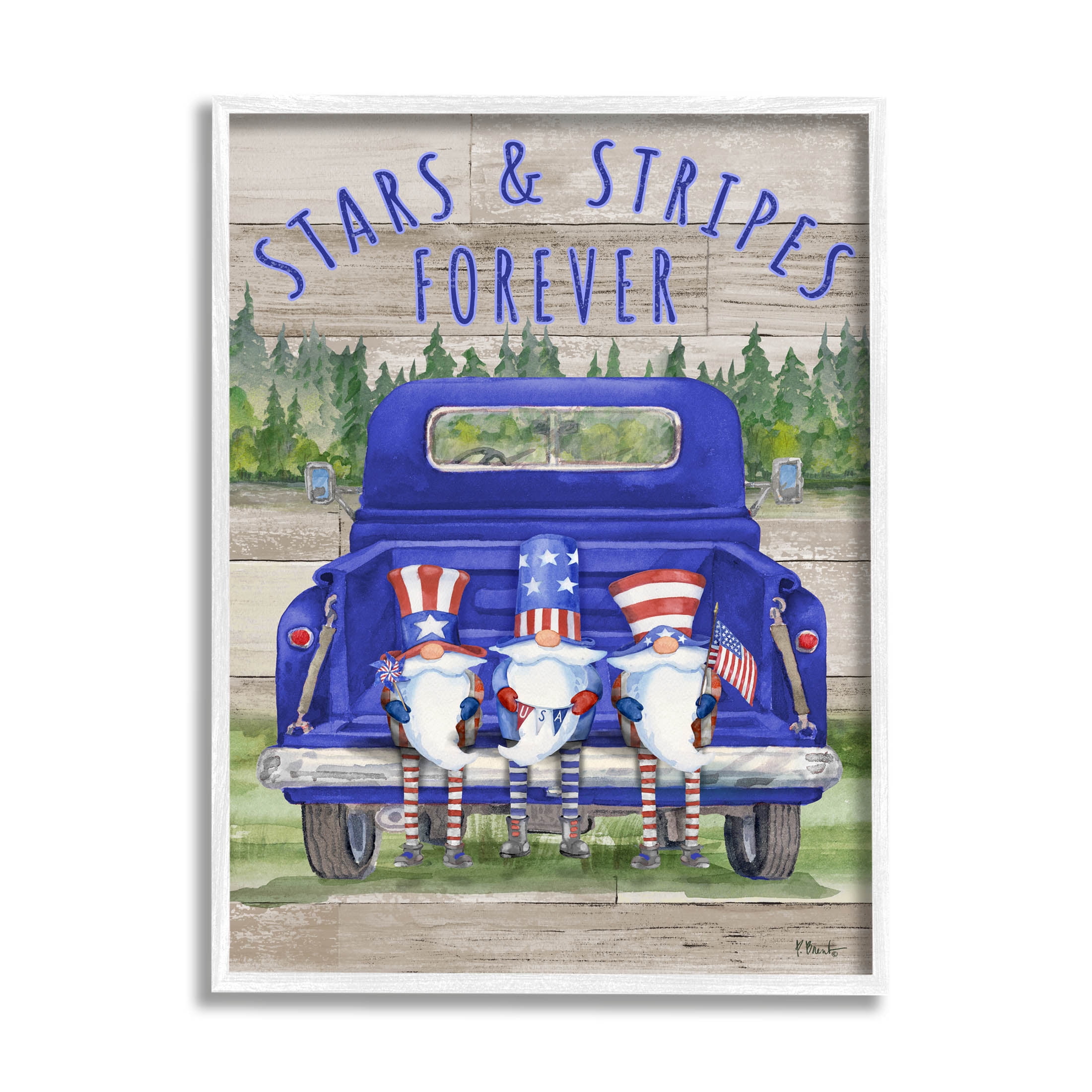 Stars & Stripes Forever Americana Gnomes Holiday Graphic Art White Framed Art Print Wall Art