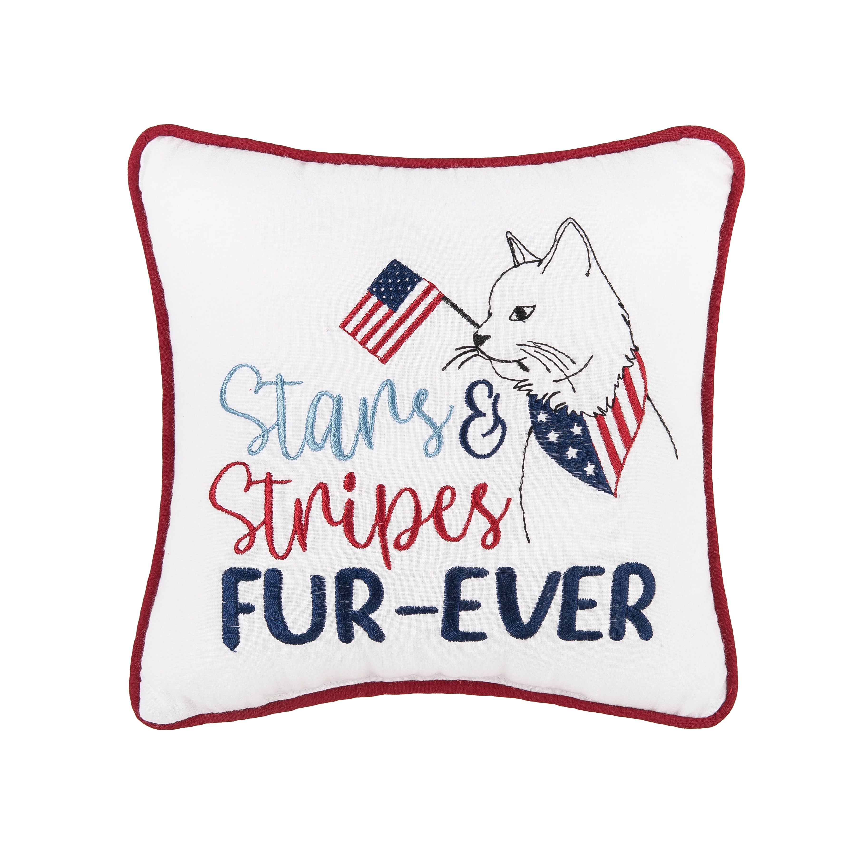 Stars & Stripes FurEver Cat Embroidered 10 X 10 Inch Throw Pillow