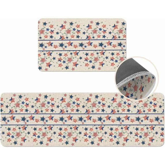 Stars Stripes Kitchen Mat 2 Piece 4th of July Kitchen Rugs Non Slip Star Eucalyptus Leaves Mats, Patriotic Soft Runner Rug Water Absorbent Star loor Mat for Sink 17"x30"+17"x47"