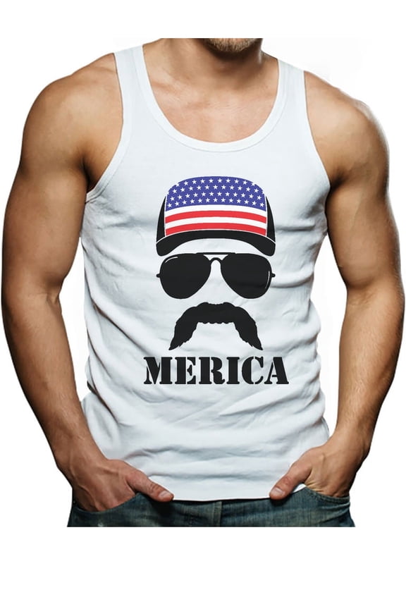 Stars & Stripes Men's Tank Top - American Flag Print Singlet - Ideal for 4th of July Celebrations - Patriotic Summer Wear - Men's USA Themed Outfit - Large White