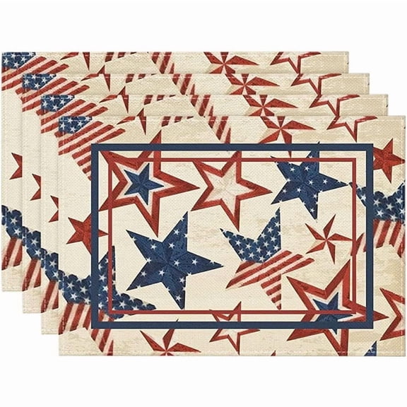 Stars Stripes Patriotic 4th of July Placemats Set of 4, 12x18 Inch Memorial Day Table Mats for Party Kitchen Dining Decoration Beige