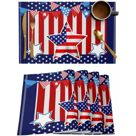 Stars Stripes Placemats Set of 6, Washable Woven Burlap Cloth Fabric Placemat for Square/Rectangle/Round/Oval Dining Table, Easy Clean Place Mats for Toddlers, Kids Red Blue Independence Memorial Day