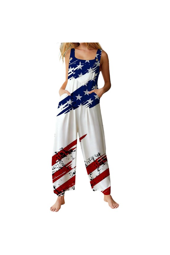 Stars and Stripes Print Comfortable Jumpsuits for Women Square Collar Sleeveless Ankle Length Overalls with Pockets Long Sleeve Romper USA 250th Anniversary Casual Holiday Party Outfit Blue S