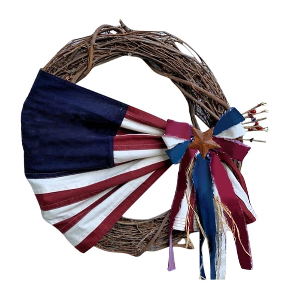 Stars & Stripes Red White Blue Grapevine Flower Wreath, Patriotic Door Prop  Memorial Day Garland  Front Porch Hanger  Rustic 4th of July Decorations & Red White and Blue Decor for Home