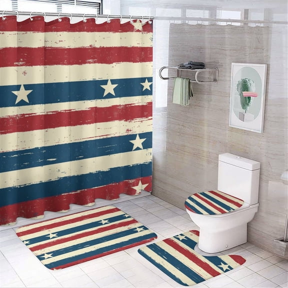 Stars And Stripes Red White Blue Shower Curtain Sets 4 Piece Shower Curtain Set with Curtain Rug Toilet Cover And U Shaped Mat 4th of July Durable And Waterproof for Bathroom Decor